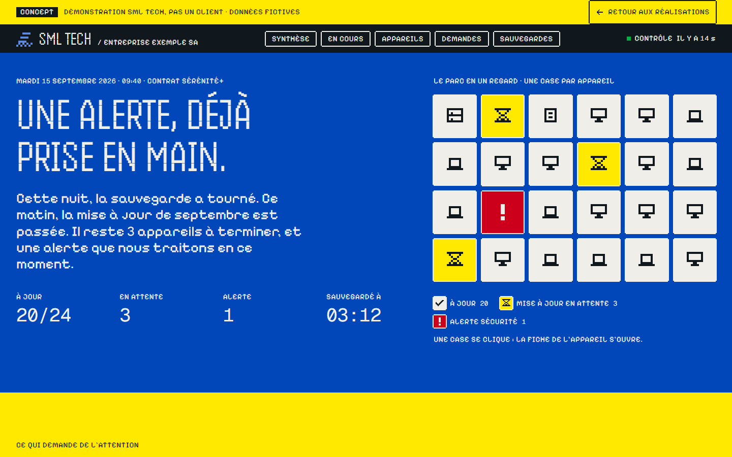 Capture d’écran de la démo « Le parc informatique d’une PME, en une page », avec son bandeau Concept.